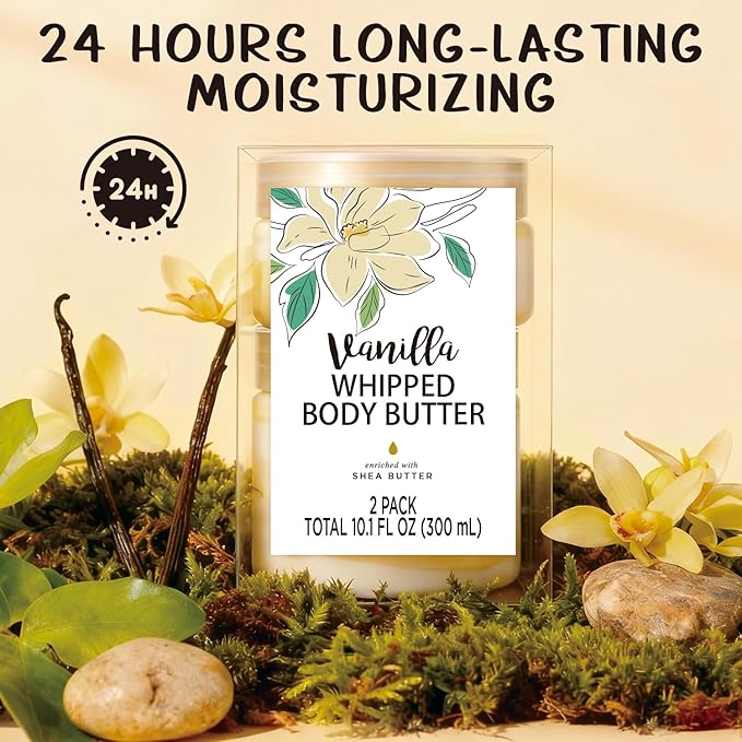 Vanilla Whipped Body Butter, Shea Body Butter for Women Dry Skin, Natural Vanilla Lotion for Body Moisturizer-Deep Moisturizing and Softening-3.4 floz+6.8 floz(100ml+200ml)