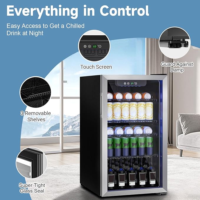Compact Beverage Refrigerator,110 Can/3.1 Cubic Feet Fridge with Glass Door for Soda, Beer Under Counter Small Refrigerator with Adjustable Shelve & LED Display(Silver)