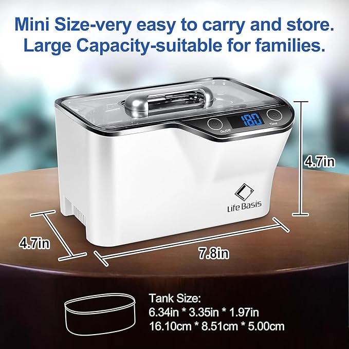 LifeBasis Ultrasonic Jewelry Cleaner, Professional 45kHz Ultrasonic Cleaner Machine 20 Ounces (600ML) with Digital Timer, Watch Holder Ultrasonic Glasses Cleaner for Ring, Coin, Watch, Denture -White
