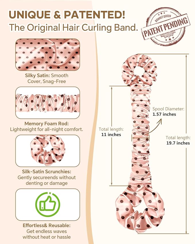 BONNET QUEEN Satin Heatless Hair Curler, Overnight Curls for Long Hair, ultra soft Heatless Curling Rod & 2 Scrunchies,Damage-Free Styling, Soft Hair Curlers for Overnight Use(Pink)
