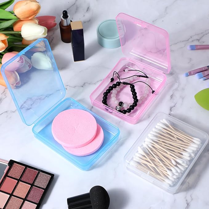 Portable Travel Cotton Pad Holder 3 Pcs Travel Qtips Case Cotton Pad Holder Travel Dispenser Cosmetic Sponge Storage Box Cotton Swab Travel Case For Cotton Rounds Swabs Floss (Pink, Transparent, Blue)