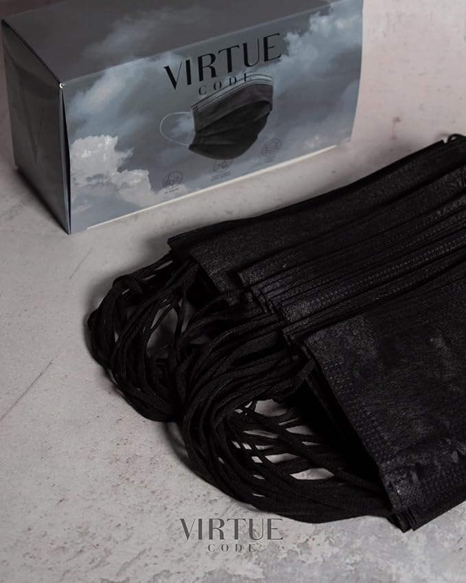 VIRTUE CODE Support Face Masks - Soft 3 Ply Comfort Face Masks, Colorful Disposable Face Mask 50 Pack. Black Colored Masks. Adults Mens and Womens Disposable Face Masks