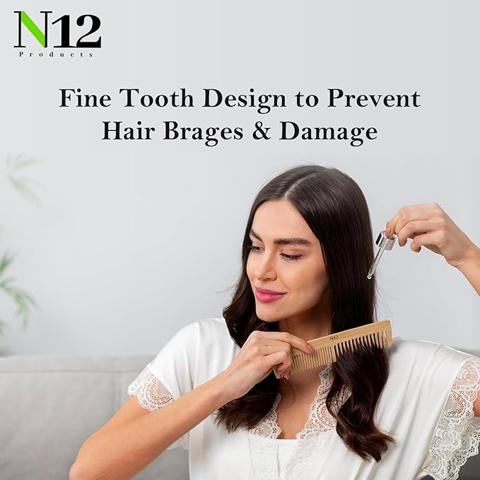 N12 Set of 3 Handmade Natural Bamboo Wooden Comb with Fine Wide Tooth, 17.5 cm - Eco-Friendly Anti-Frizz Detangler for Straight, Wavy, Curly Hair of Women, Men, Wood Birth Comb for Labour Pain