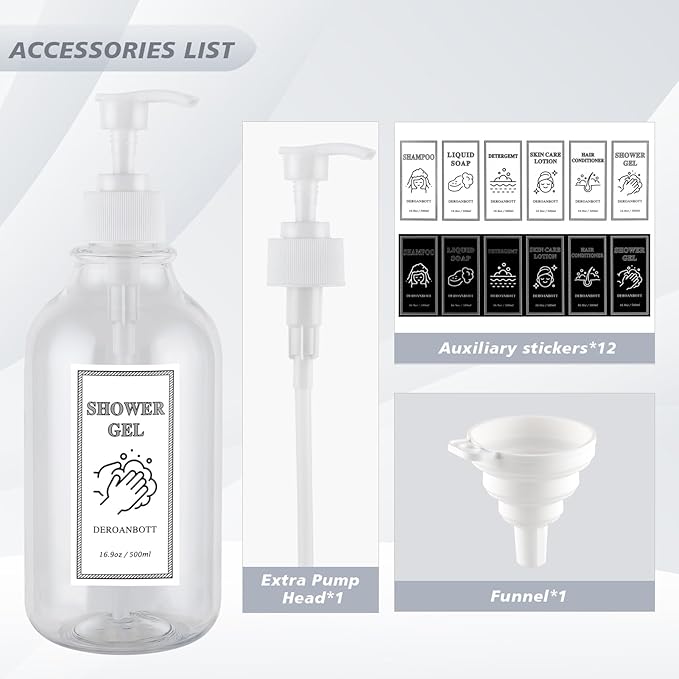 Shampoo and Conditioner Dispenser, Refillable Plastic Shampoo Pump Bottles with Waterproof Labels, Empty Body Wash Dispenser Set for Bathroom, Shower Soap Bottles (Transparent)