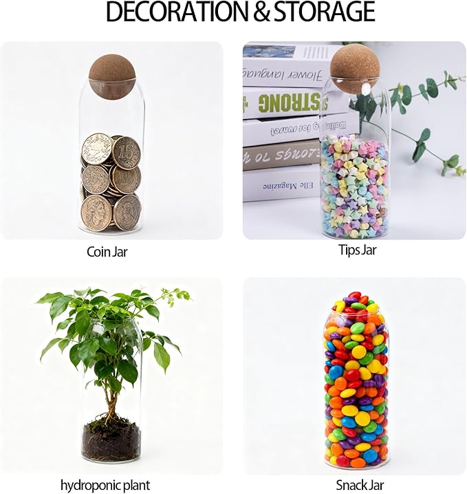1 Pack 9.45 In Glass Storage Container, Ball Cork Jar Decorative Organizer, Cute Canister for Tip Change Sugar/Cotton Swab Holder