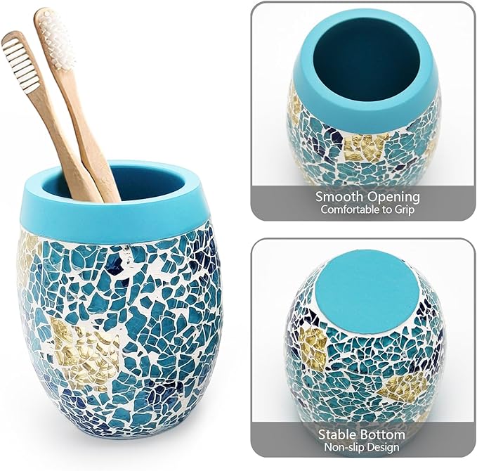 Handmade Blue Mosaic Glass Bathroom Accessory Sets 4PCS Bathroom Accessories Set Complete Includes Lotion Dispenser Toothbrush Holder Tumbler Cup & Soal Dish