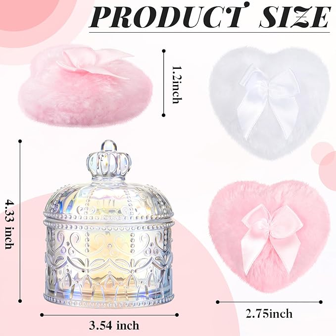 Tioncy 3 Pcs Large Body Powder Puff and Container Valentine's Day gift Powder Container with Puff Crystal Case Soft Washable Reusable Velour Face Body Glitter Wet Dry Makeup(Crown,Glitter)