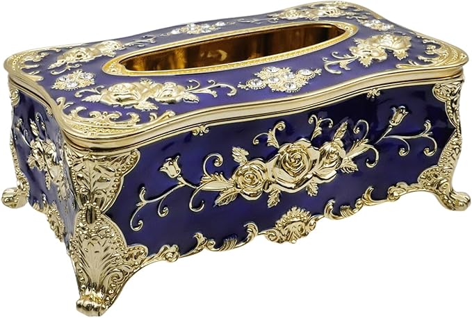 9.45"x5.43"x3.94" Luxurious Rose Tissue Box with Imitation Diamonds, Embossed Flowers, Elegant Tissue Paper Holders for Home Toilet Bath Hotel,Gold Transparent-Blue
