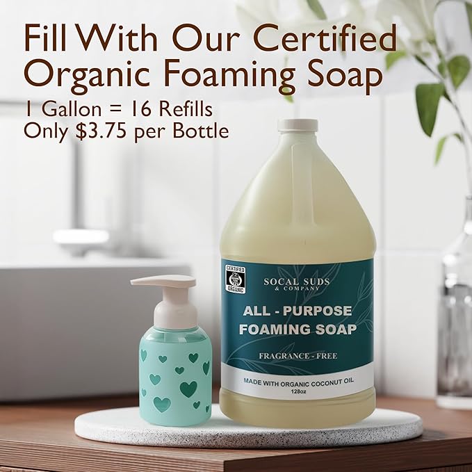 SoCal Suds & Company Foaming Hand Soap Dispenser Glass, Liquid Soap Pump with Heart Silicone Sleeve, Refillable Bottle for Kids, Baby Wash & Shampoo, Ideal for Bathroom & Kitchen Use, Sea Glass, 8oz
