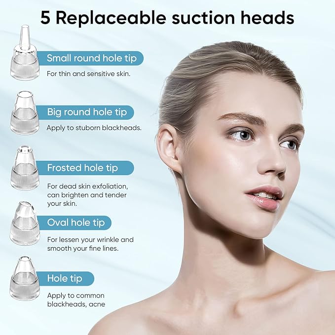 Blackhead Remover Pore Vacuum for Face & Nose – Deep Cleansing Blackhead Remover Tools with 3 Suction Levels, 5 Replaceable Tips, USB Rechargeable Pore Cleaner