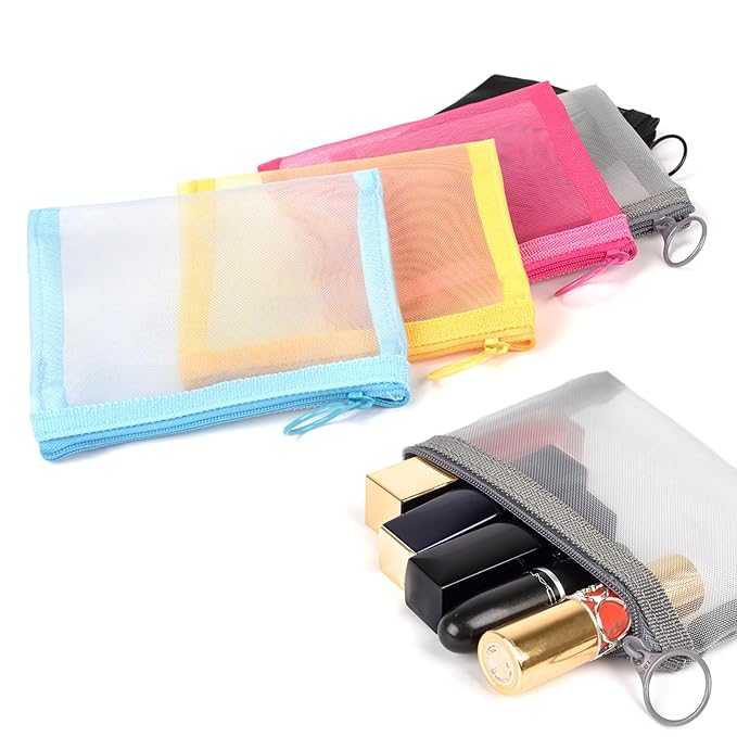 patu Mini Zipper Mesh Bags, 4" x 5", Size S / A7, 5 Pieces, Beauty Makeup Lipstick Cosmetic Accessories Organizer, Small Travel Kit Storage Pouch, Assorted Colors