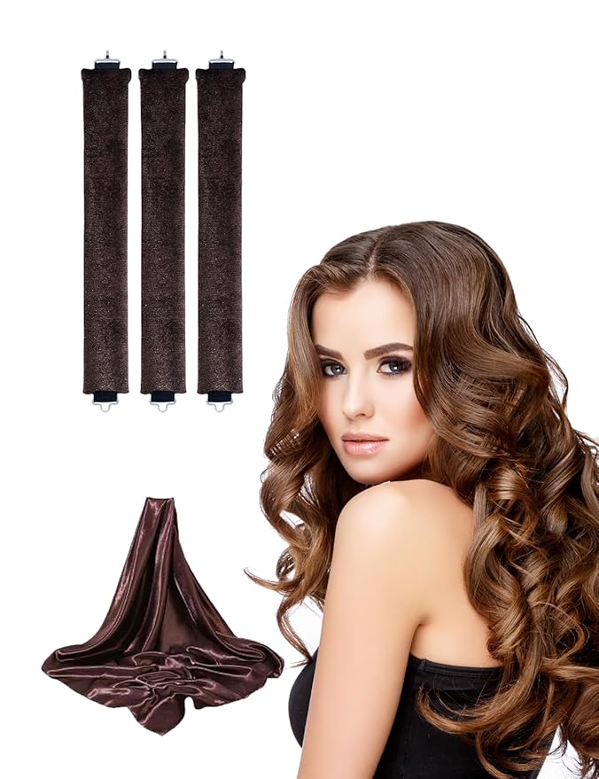 No Heat Curling Rod with Scarf, Velvet Hair Curlers to Sleep in Overnight Curls with Hook Blowout Rods Headband with Silk Scarf Curl Styling Kit for Long Medium Short Hair (3 coffee+Scarf, count)