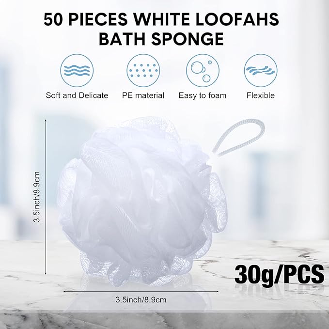 CHENGU 50 Pack Loofah Sponge Bath Sponge Shower Loofah Mesh Shower Ball Bath Pouf Wash Body Puff for Women Men, 30 g(White,Classic)