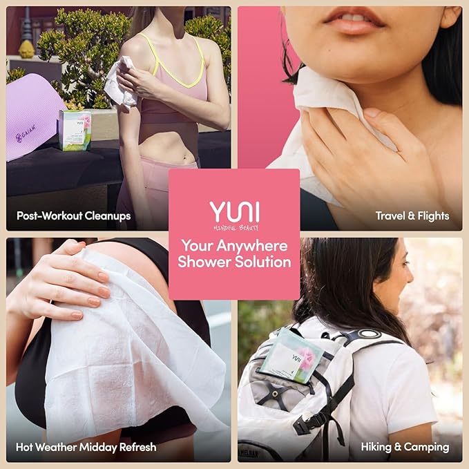 YUNI Beauty Large Body Wipes (Rose Cucumber, 12 Count) Soft Moist Showerless Wipe, Cleanse & Deodorize Waterless Travel Body Cleanser, Biodegradable Individually Wrapped Body Wipe for Camping or Gym