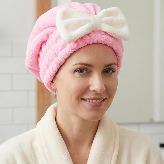 2 Pcs Hair Towel Wrap for Women, Microfiber Quick-Drying Hair Towel, Super Absorbent Soft Towel Wrap for Wet Hair Caps with Bow for Women Bathroom Bag- Pink, Blue