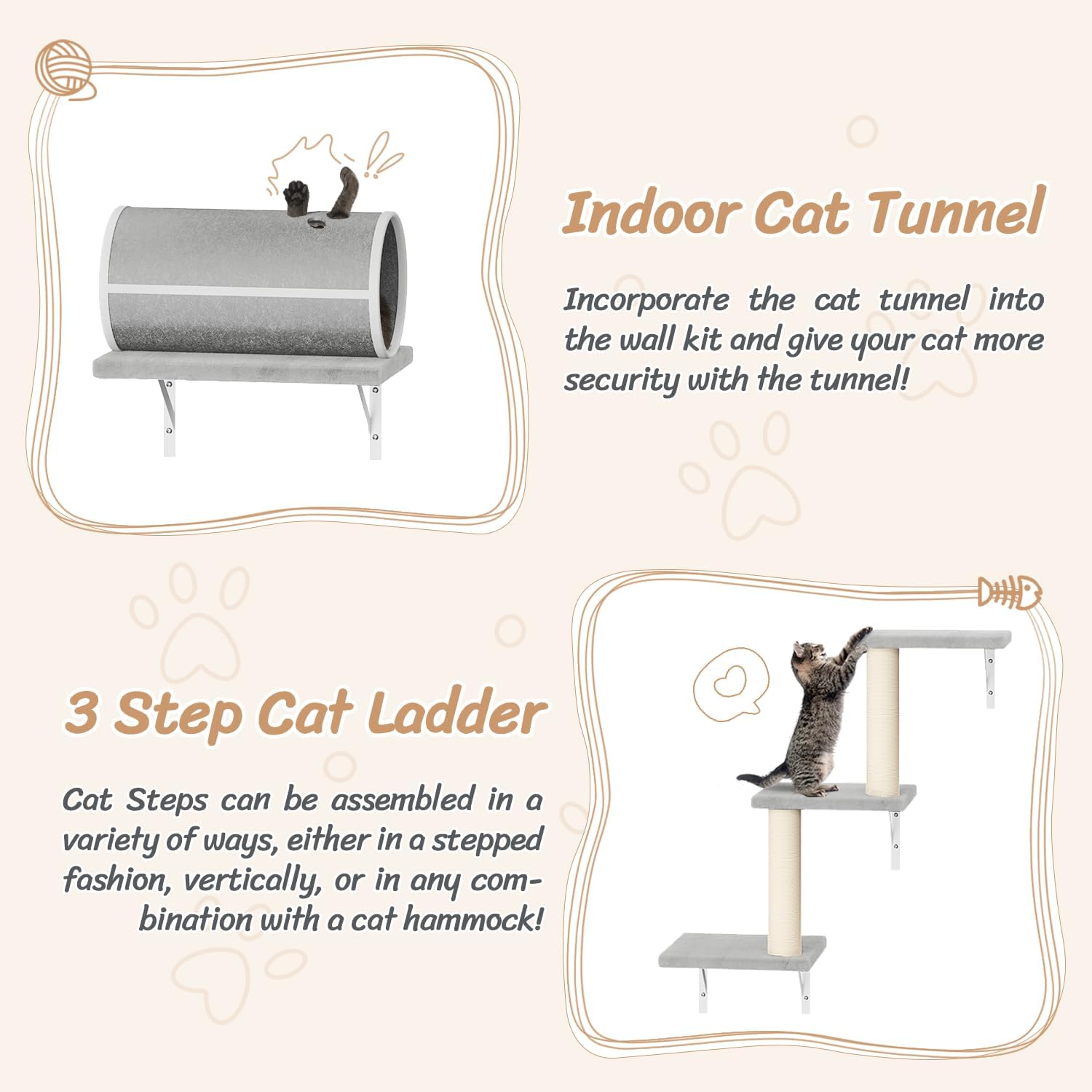 NUNU LAB 7-in-1 Wall Mounted Cat Climber Set, Cat Furniture Set with House, Tunnel, Bridge, Tree, Steps, Scratcher Board, Hammock, Luxury Wall Shelves for Indoor, Gray