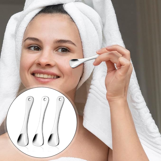 3Pcs Mini Skin Care Spoons Reusable Cosmetic Scoop Massage Metal Makeup Spatula Face Cosmetic Applicator Scoop Beauty Cosmetic Tool for Cream Lotions Moisturizers Mixing (3 Silver)