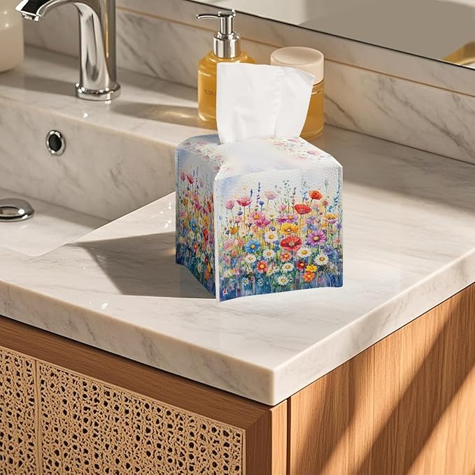 Flower Tissue Box Cover Vibrant Watercolor Bloom Field Dreamy Spring Art Square PU Leather Waterproof Tissue Box Holder for Car Bathroom Bedroom Office Tabletop Decor