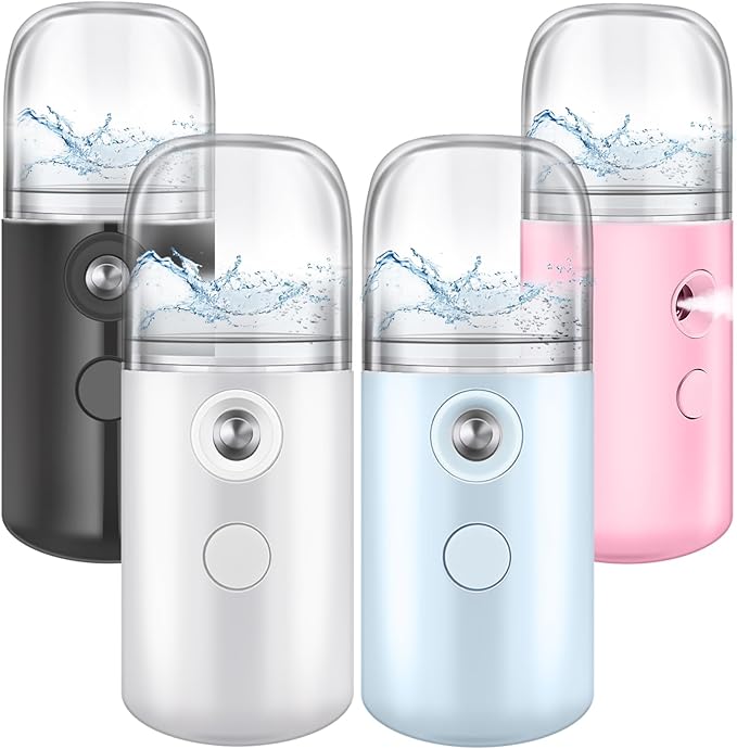 Mudder 4 Pcs Nano Facial Mister Handy Nano Mist Sprayer 30ml Visual Water Tank Portable Face Steamer Mini USB Mister for Lash Extensions, Skin Care, Makeup(White, Black, Blue, Pink)