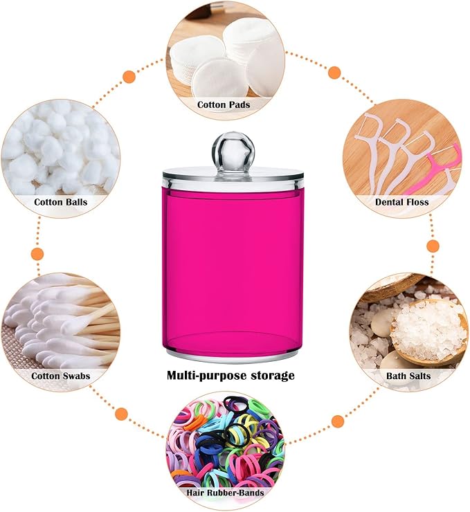 Deep Pink Qtip Holder Organizer Dispenser Cotton Swabs Cans Plastic Jars with Lid Set 4 Pack Bathroom Storage Canister for Cotton Ball Floss Cotton Pads