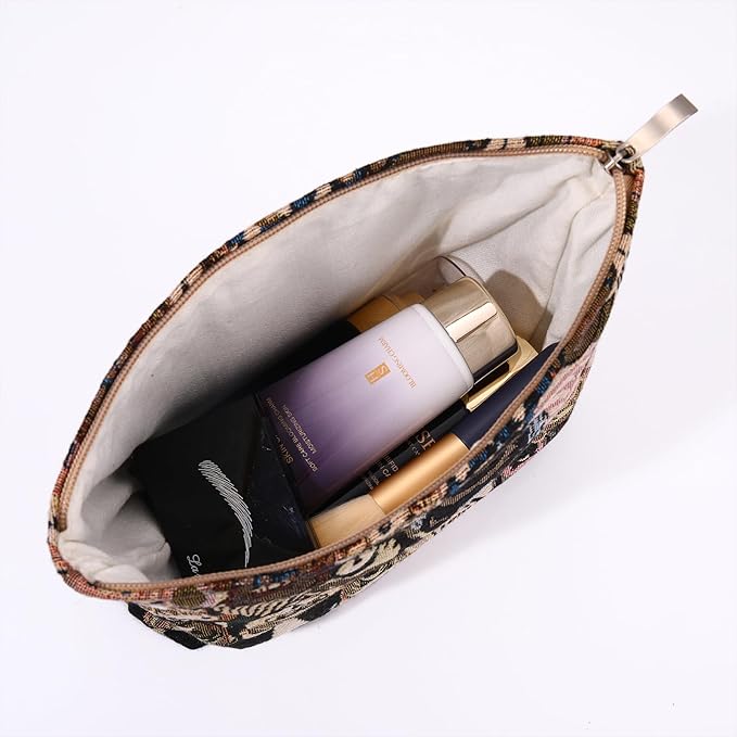 2PCS Makeup Bag Small Cute Cosmetic Bags for Women，Bear Pattern Travel Toiletry Bag for Purse, Large Canvas Cosmetic Pouch Makeup Organizer Tool Pouch with Zipper（Bear Brown）