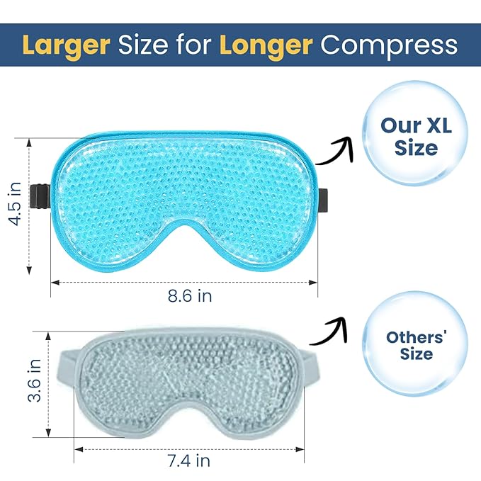 BeeVines XL Gel Eye Mask, 2 Pack Cooling Ice Masks for Puffy Eyes for Men & Women, Cold & Warm Compress for Post Surgery, Puffiness, Allergies, Sinuses & Migraines Treatment