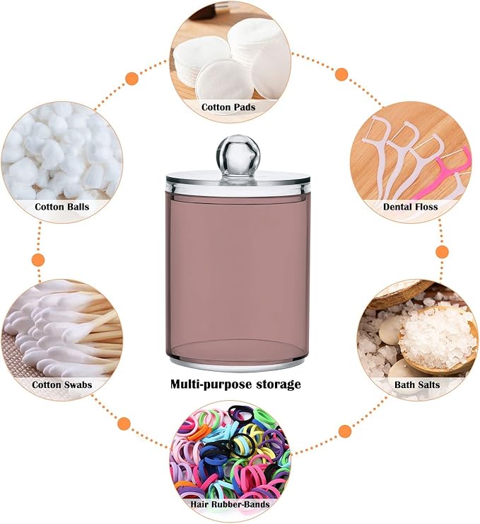 Rosy Brown Qtip Holder Organizer Dispenser Cotton Swabs Cans Plastic Jars with Lid Set 4 Pack Bathroom Storage Canister for Cotton Ball Floss Cotton Pads