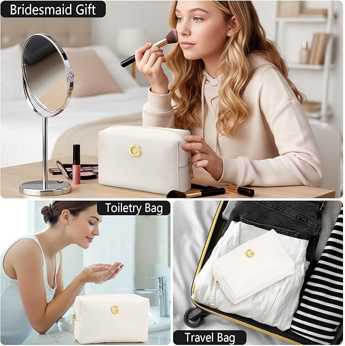 Kigeli Initial Makeup Bag for Women Beige Leather Easter Basket Gifts Monogram Cosmetic Bag Small Travel Toiletry Pouch Wedding Birthday Graduation Bridesmaid Gifts for Teen Girls Women Teachers(G)