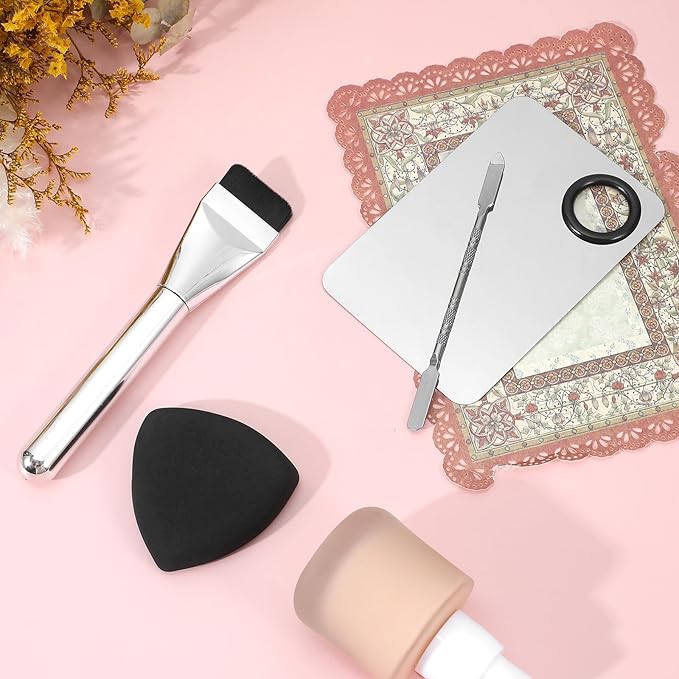 4 PCS Makeup Mixing Palette, Foundation Makeup Mixing Tray, Metal Make up Spatula Palettes Tool, Professional Cosmetic Artist Accessories Set for Women Girl Eye Shadow Eyelash Nail Art