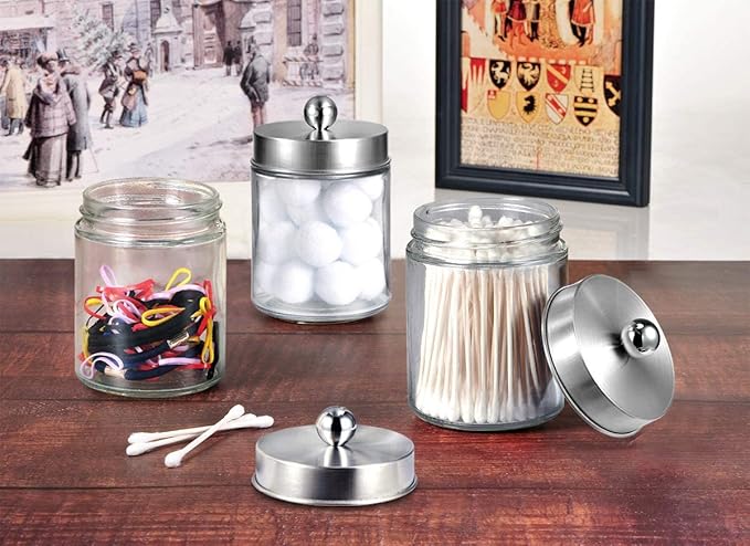 Amolliar Apothecary Jars Bathroom Vanity Organizer -Countertop Canister Jar with Storage Lid - Qtip Dispenser Holder Glass for Qtips,Cotton Swabs,Makeup Sponges,Hair Band - Brushed Nickel (1 Pack)