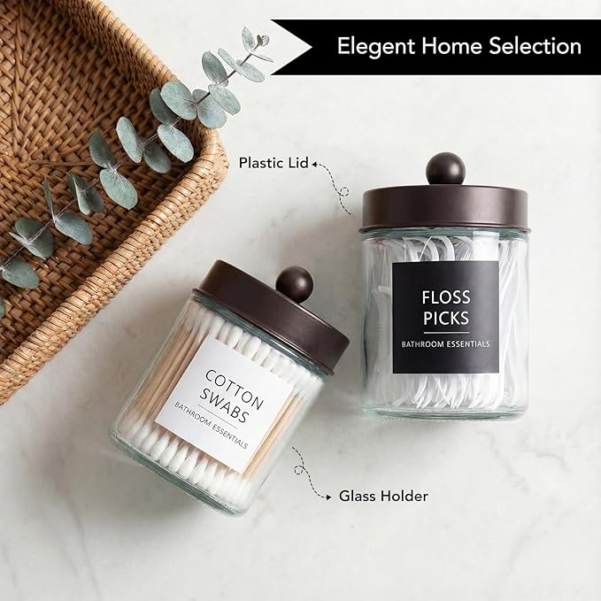 Amolliar 2 Pack Qtips Dispenser Holder - Bathroom Countertop Storage Organizer Containers - Glass Apothecary Jars with Bronze Plastic Lid for Q-tips Cotton Balls, Swabs, Round Pads, Floss