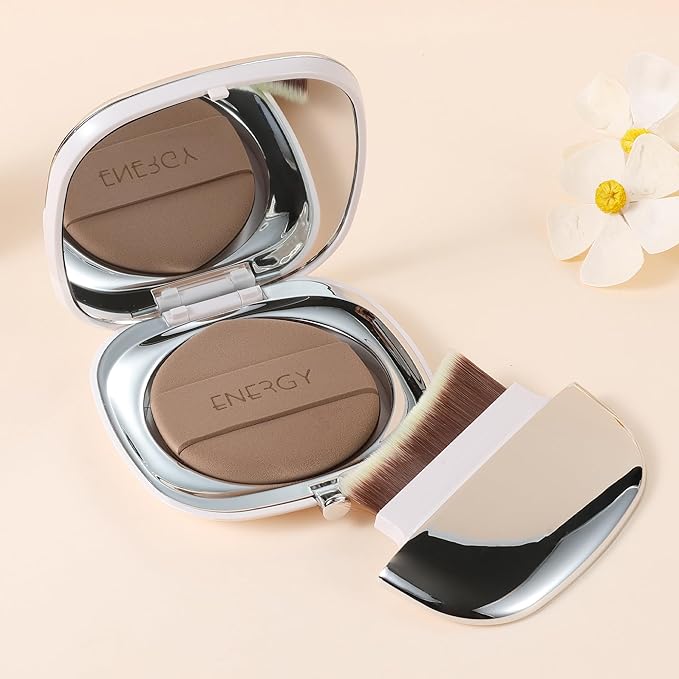 ENERGY Flat Foundation Brush with Mirror, Powder Puff & Mixing Palette 4-in-1, Travel Kabuki Makeup Brush for Liquid or Powder Cream Foundation, Magnetic Portable Kabuki Brushes On-The-Go Small White