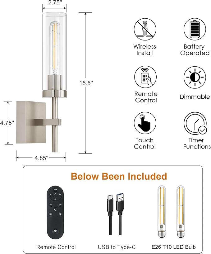 Brushed Nickel Battery Operated Wall Sconces with Remote Control, Wireless Wall Sconce Set of 2, Rechargeable Cordless Wall Lights for Living Room Bathroom Hallway Entryway Stairwell, 3000K