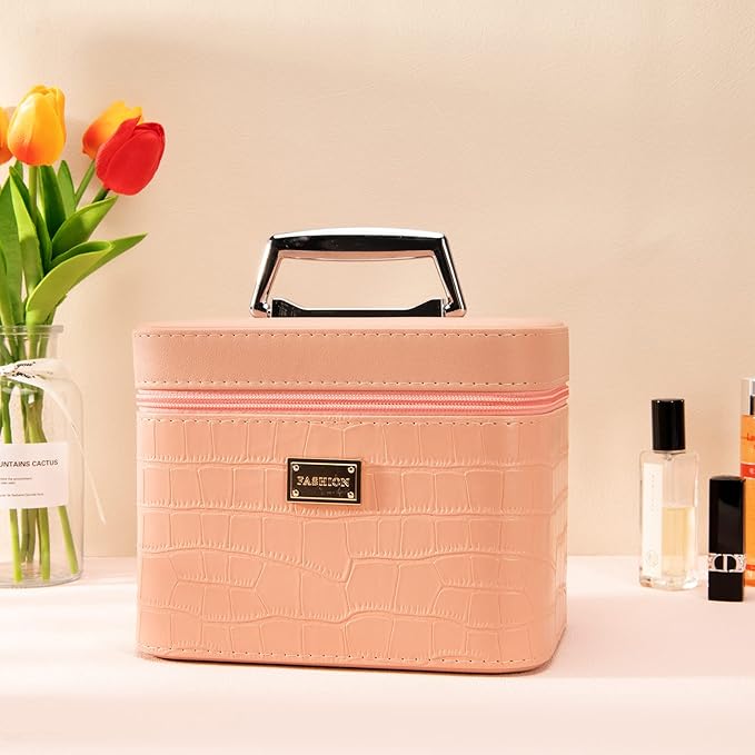 Fashion makeup box, Portable leather hard cosmetic case with mirror, Professional train case make up box for women adults. (Pink)