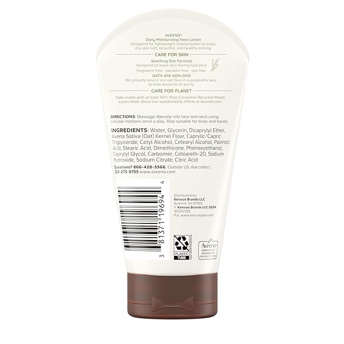 Aveeno Daily Moisturizing Face Lotion with Soothing Prebiotic Oat, Lightweight Non-Greasy Facial Moisturizer for Normal to Dry, Sensitive Skin, 24-Hour Moisture, Fragrance-Free, 5 oz