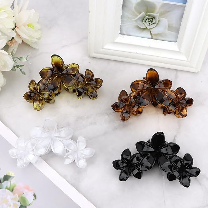 Flower Hair Clips, Tortoiseshell Brown Clear Black, Plastic, 4.5 inch, Hair Accessories Set