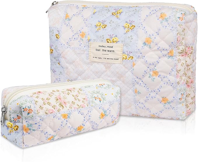 2PC Makeup Bag Set, Cute Cosmetic Bag for Women Girls, Floral Coquette Aesthetic Toiletry Bag, Travel Make Up Organizer Bag (Folk Style)