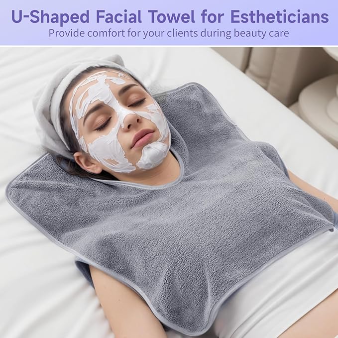 DIMEGON 12 PCS U-Shaped Facial Towels, Split Design, Soft Esthetician Towel, Coral Fleece Face Cloth for Beauty Salons, Skin Care, SPA Centers, Gray