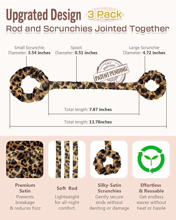 BONNET QUEEN Heatless Hair Curler Set (3Pcs), Heatless Curls Overnight with Satin Hair Rollers for Women, Leopard (For Short Hair)