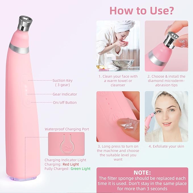 IeBilif Diamond Microdermabrasion Machine, 3 Modes Diamond Microdermabrasion Dermabrasion Machine for Blackhead Removal, Professional Portable Home Travel Microdermabrasion Device
