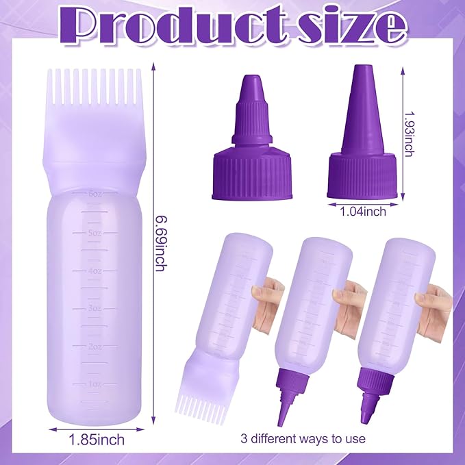 Root Comb Applicator Bottle Oil Applicator for Hair Dye Hair Oiling Bottle with 2 Types Caps and Graduated Scale, 6 Ounce (Purple)