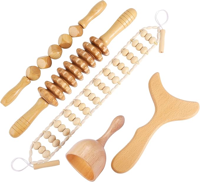 Wood Therapy Massage Tools Professional Maderoterapia Kit Body Sculpting Tools for Lymphatic Drainage and Anti-Cellulite.Wood Massager Roller Rpoe for Back and Muscle Pain Relief (5pcs)