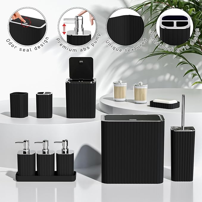 Bathroom Accessory Set - Bathroom Set, 27PC Bathroom Accessories Set, Black Bathroom Sets with Shower Curtain and Rugs, Mini Trash Can, Toilet Brush, Trash Can & Soap Dispenser