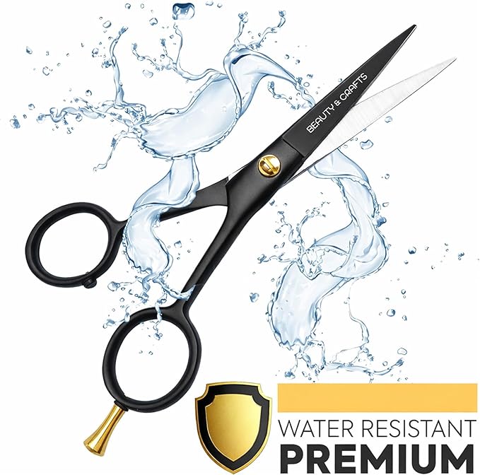 Beauty & Crafts- 5'' German Beard Mustache Scissors - 2 Mustache Comb for Facial Hair with Beautiful Pouch - Beard Trimming Scissors Use for Grooming, Cutting, and Styling of Mustache (Black)