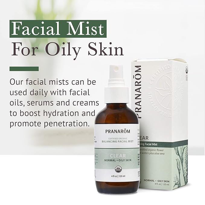 Pranarom Facial Mist (4oz / 120ml) - 100% Pure & Natural Essential Oil Facial Mist for Dry Skin Hydration & Toning (Clear (Oily Skin))