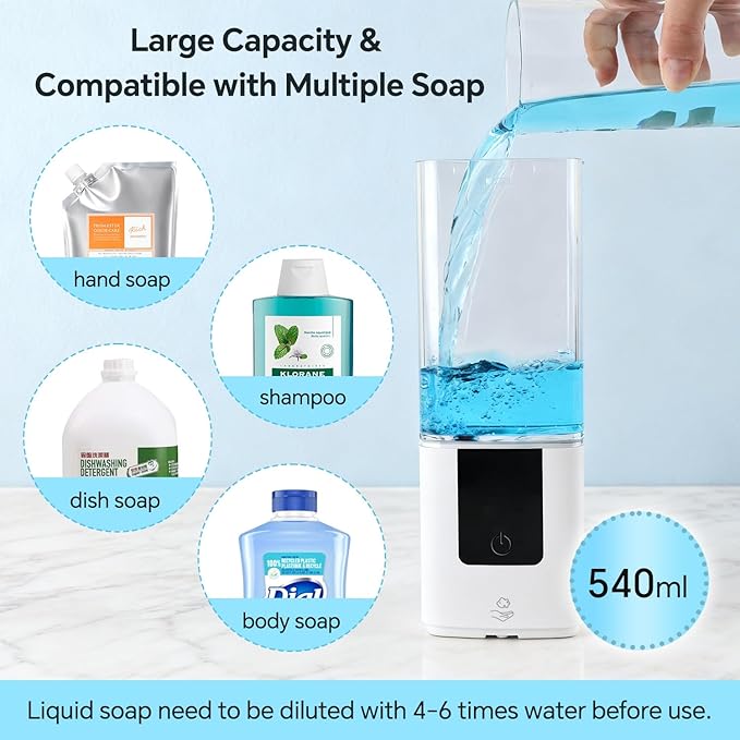 LAOPAO Soap Dispenser, Automatic Soap Dispenser Wall Mount Rechargeable Foaming Soap Pump for Bathroom Kitchen, Touchless Foam Soap Dispenser for Dish/Hand/Shower Soap, Home & Commercial, 540ml, White