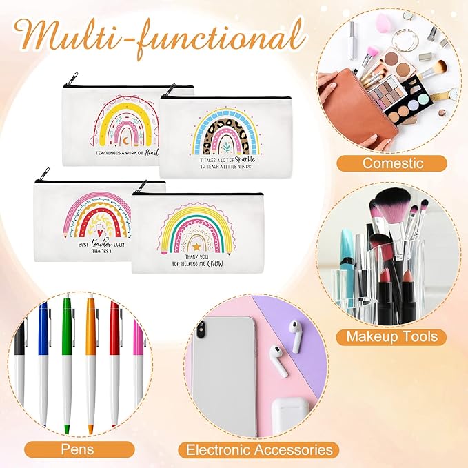 Yahenda 16 Pcs Canvas Makeup Bags Bulk for Women Inspirational Cosmetic Zipper Pencil Pouch Travel Toiletry Bag for Birthday Mother's Day Nurse Gifts(Teacher)