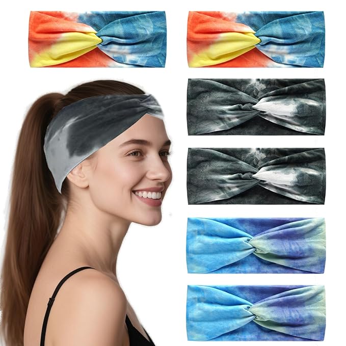 6 Pcs Wide Headbands for Women, Boho Tie Dye Headbands, Soft Fashion Headbands, Hair Bands for Daily Workout Yoga, Z-AA