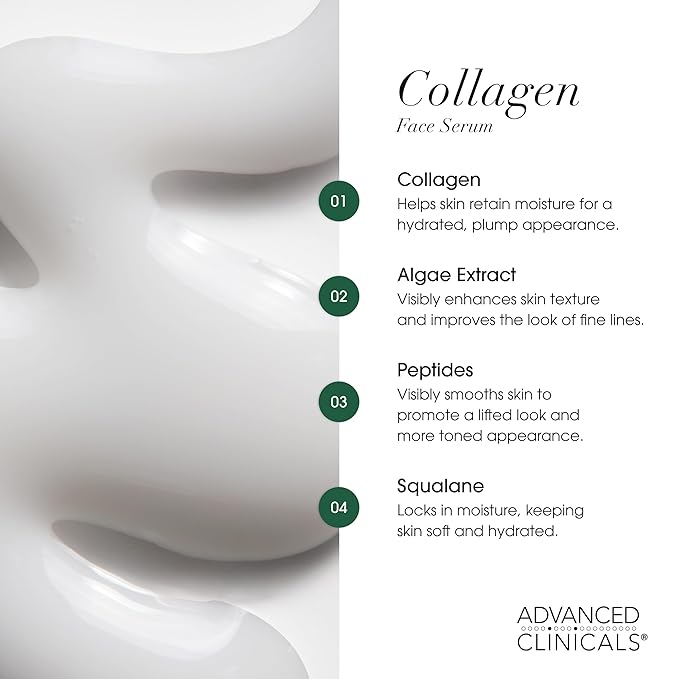 Advanced Clinicals Collagen Serum For Face | Visible Anti Aging Collagen Peptide Serum + Hyaluronic Acid Moisturizer Improves Look Of Wrinkles, Dry Skin, & Fine Lines, No added Fragrance, 2-Pack