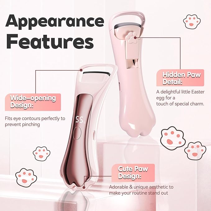 Heated Eyelash Curler Fast Heat up Within 15s, Electric Eyelash Curlers with 4 Temperature Modes for 24H Long-Lasting Eyelash Curls, Cute Cat Paw Lash Curler Gentle Safe, Type-C Rechargeable